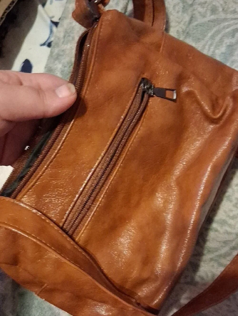 Classic Tan Leather-Look Crossbody with Multiple Front Zips - Picture 4 of 4